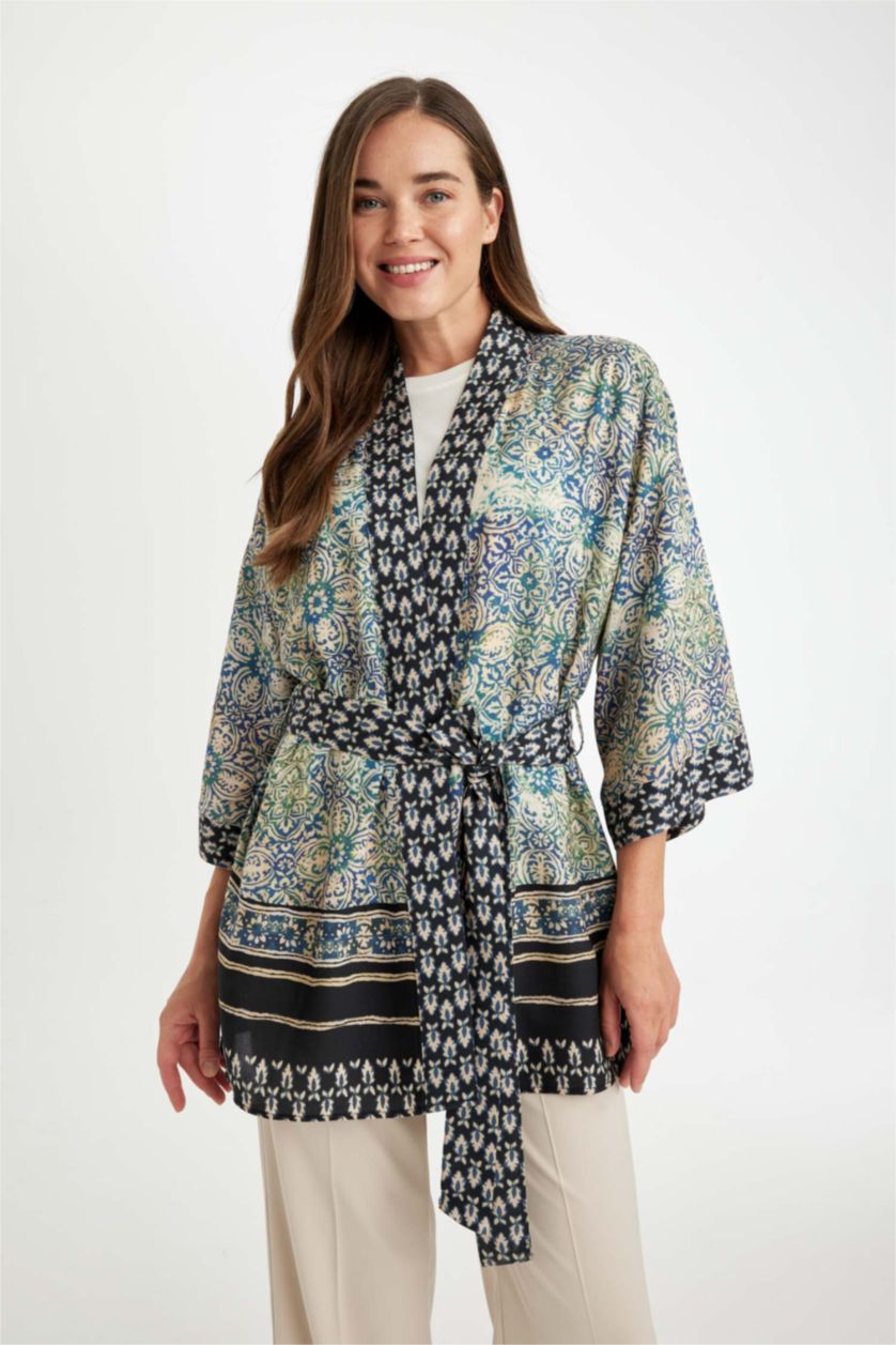 Woman NAVY Relax Fit Patterned Belted Kimono