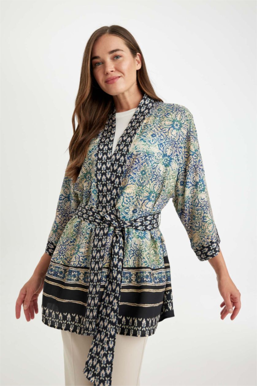 Woman NAVY Relax Fit Patterned Belted Kimono