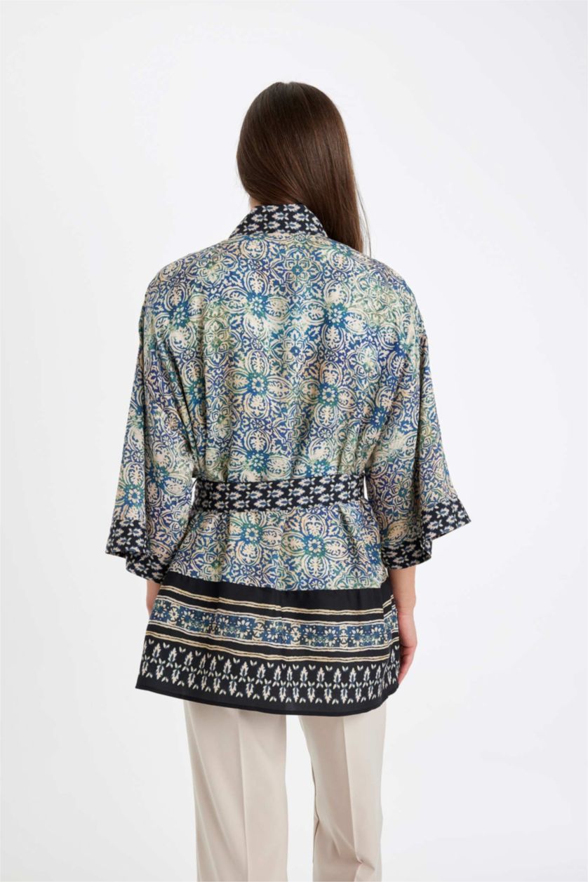 Woman NAVY Relax Fit Patterned Belted Kimono