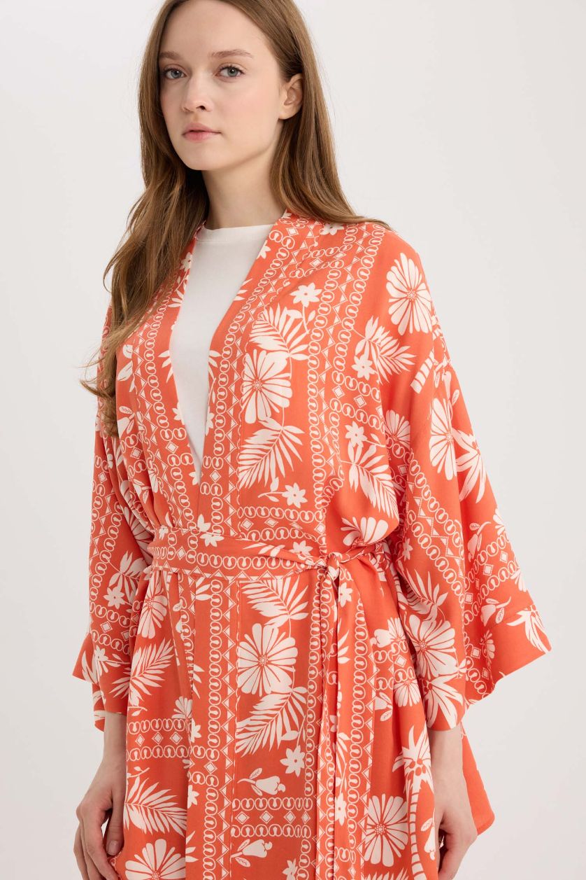 Kadın Turuncu 	Relax Fit Desenli Kuşaklı Kimono