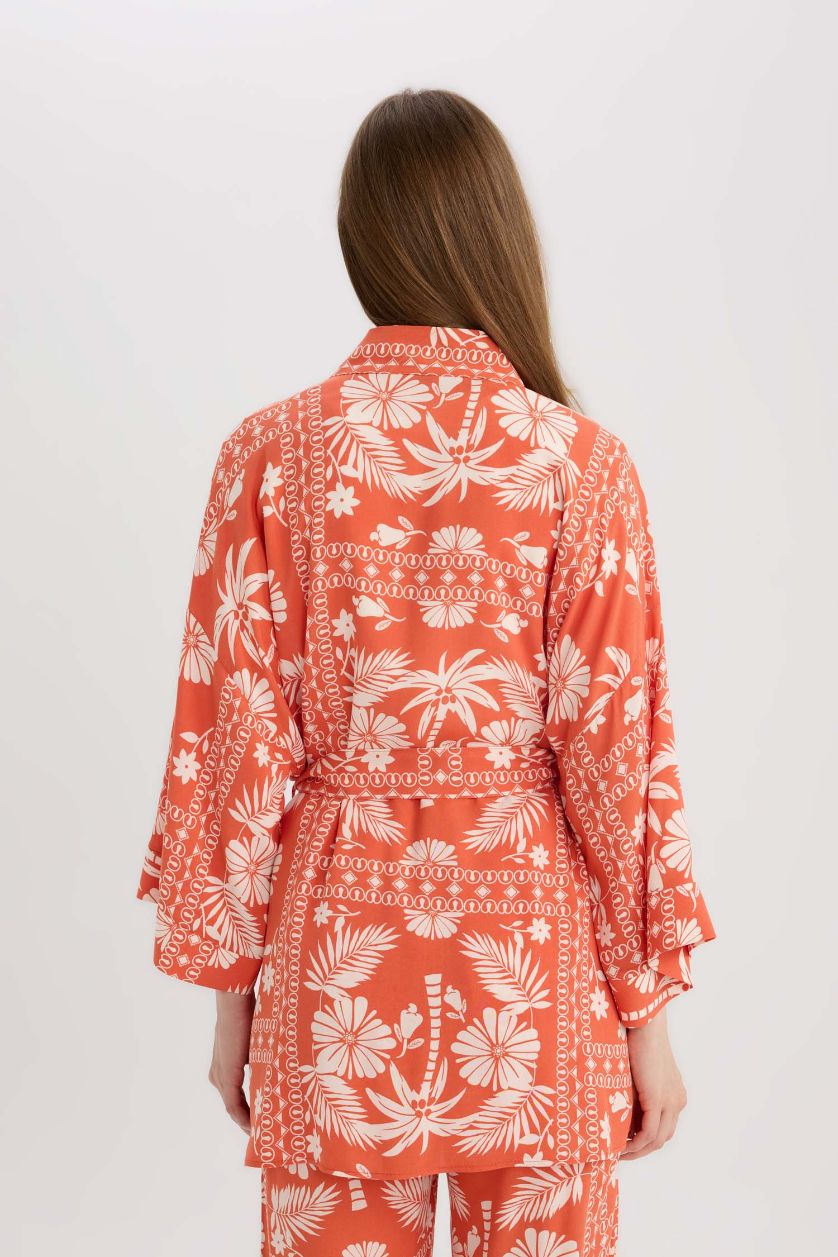 Kadın Turuncu 	Relax Fit Desenli Kuşaklı Kimono