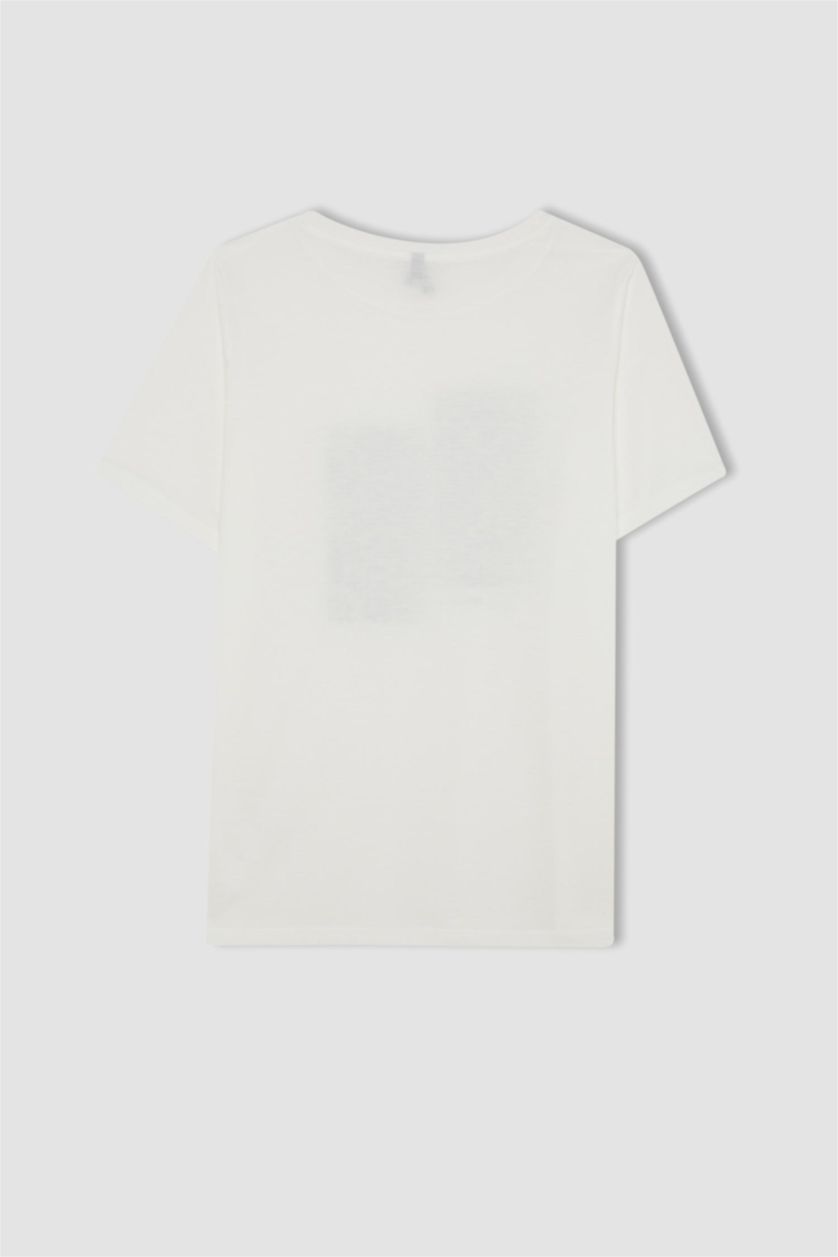 Kadın Ekru Regular Fit Baskılı Bisiklet Yaka Kısa Kollu Tişört