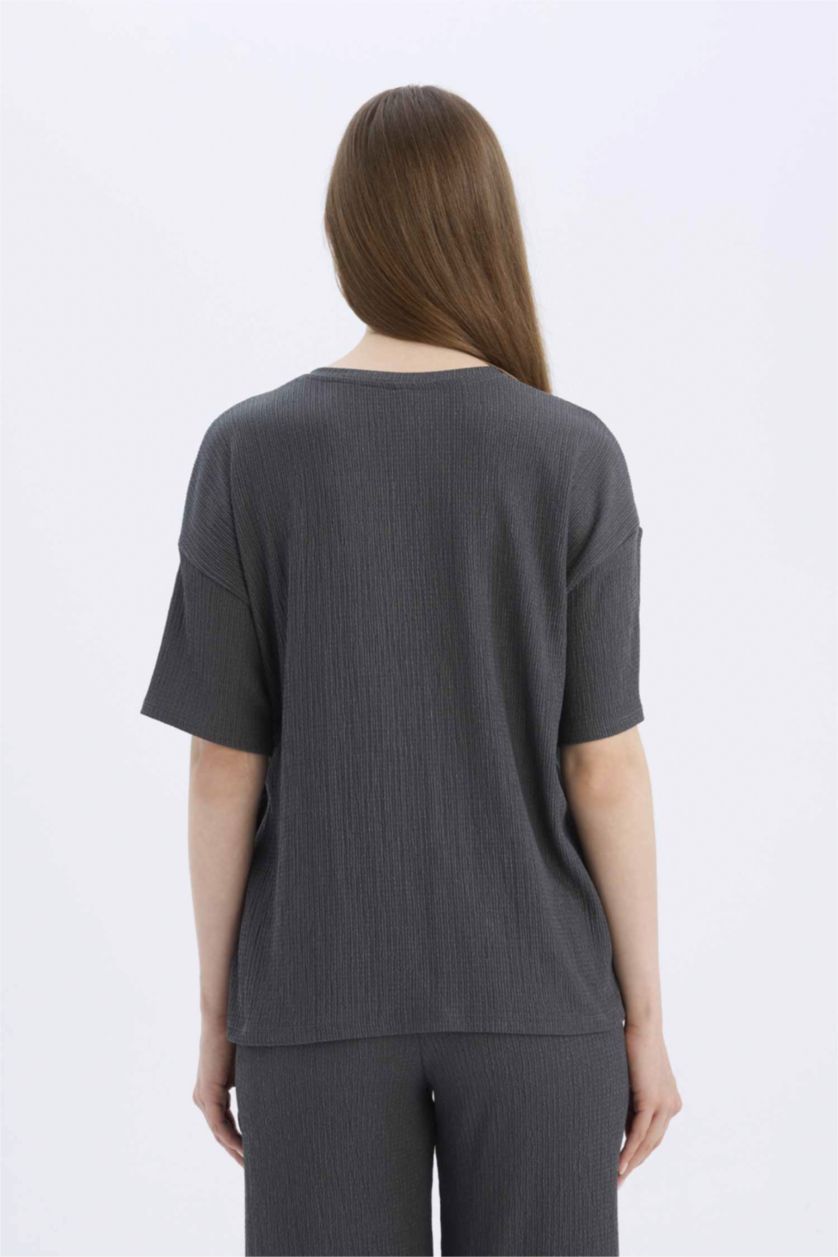 نساء أنثرا تيشيرت نص كم عادي قصة مريحة برقبة مستديرة