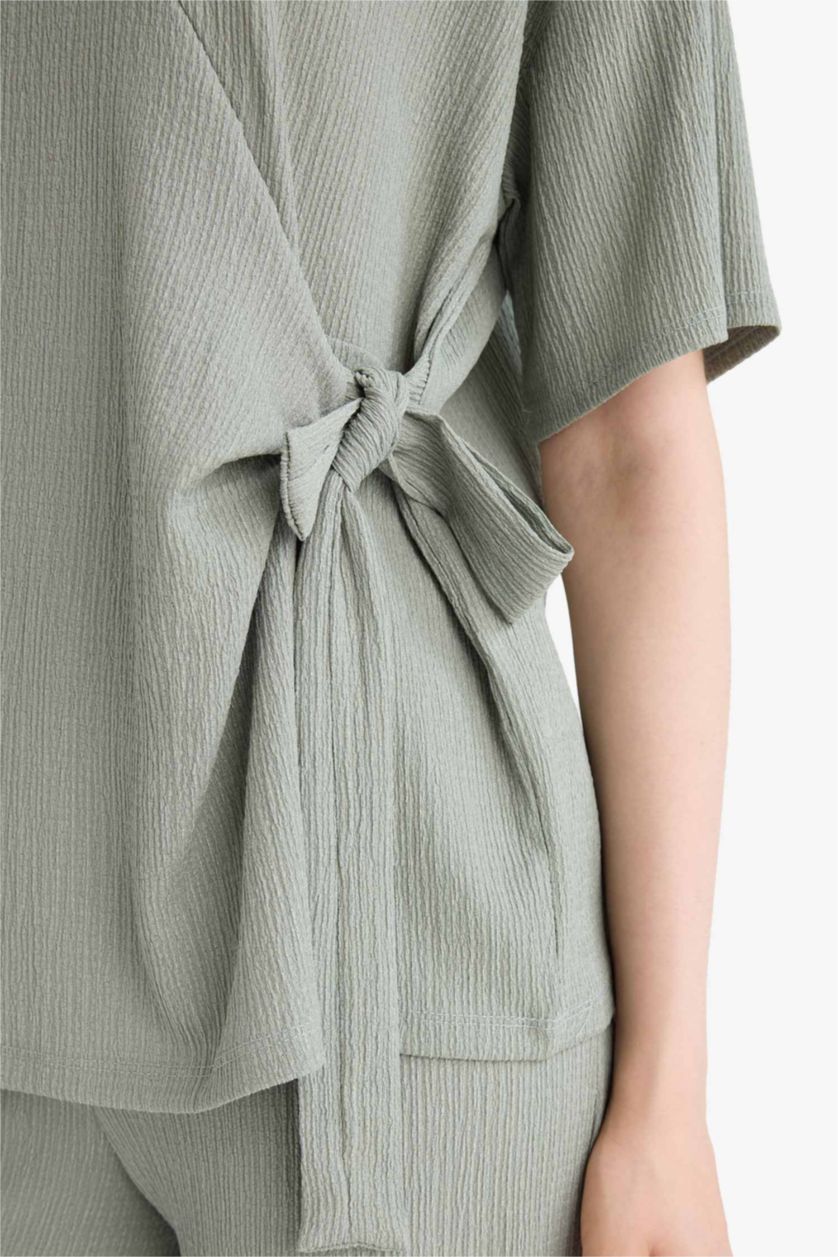 Kadın Açık Yeşil 	Relax Fit Bisiklet Yaka Basic Düz Bürümcük Kısa Kollu Tişört