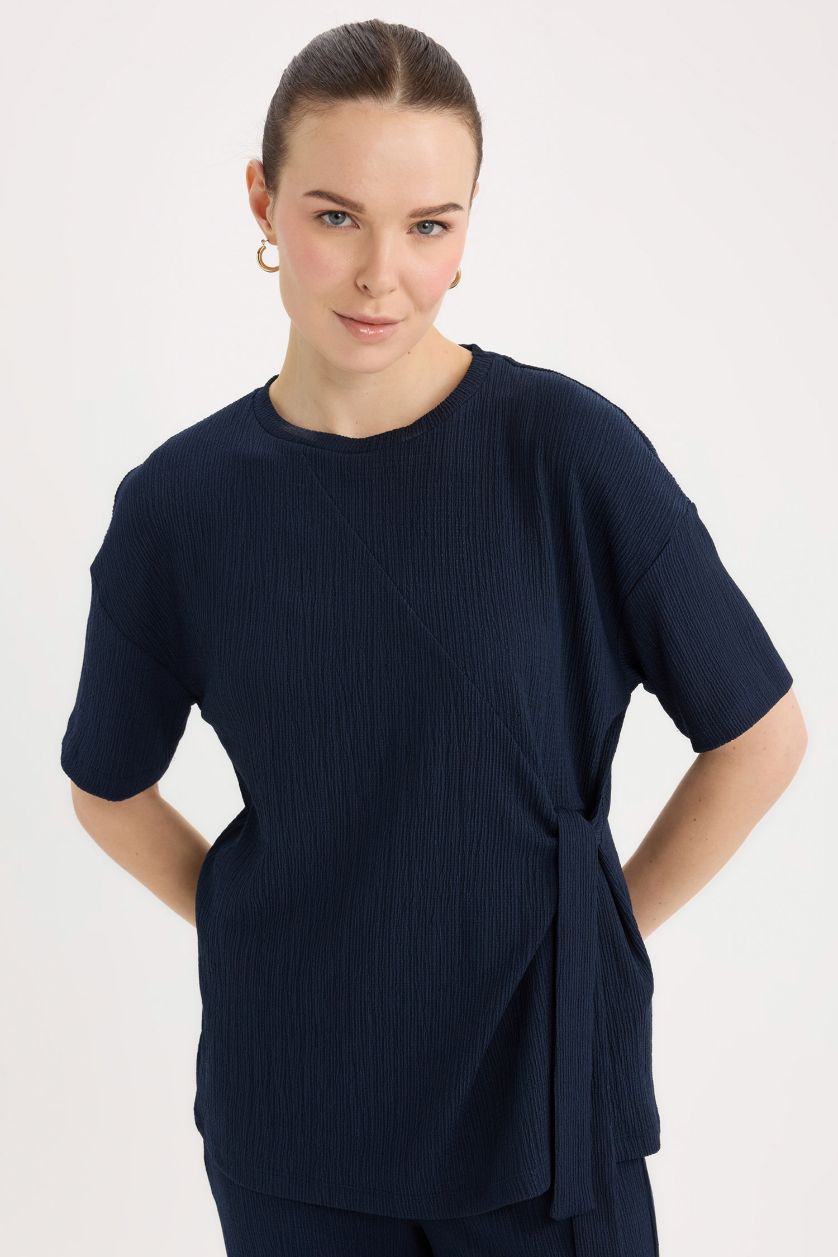 Kadın Lacivert Relax Fit Bisiklet Yaka Basic Düz Bürümcük Kısa Kollu Tişört