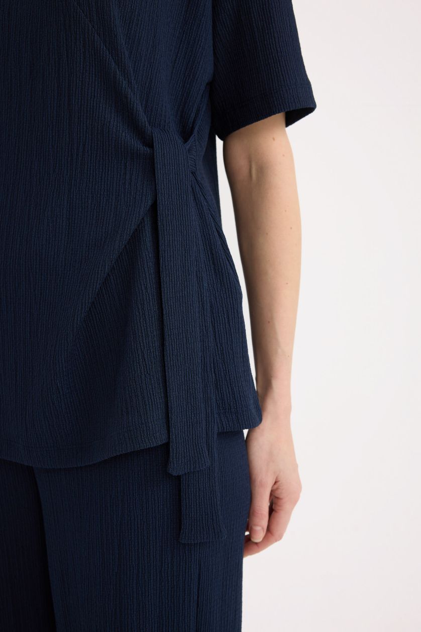 Kadın Lacivert Relax Fit Bisiklet Yaka Basic Düz Bürümcük Kısa Kollu Tişört