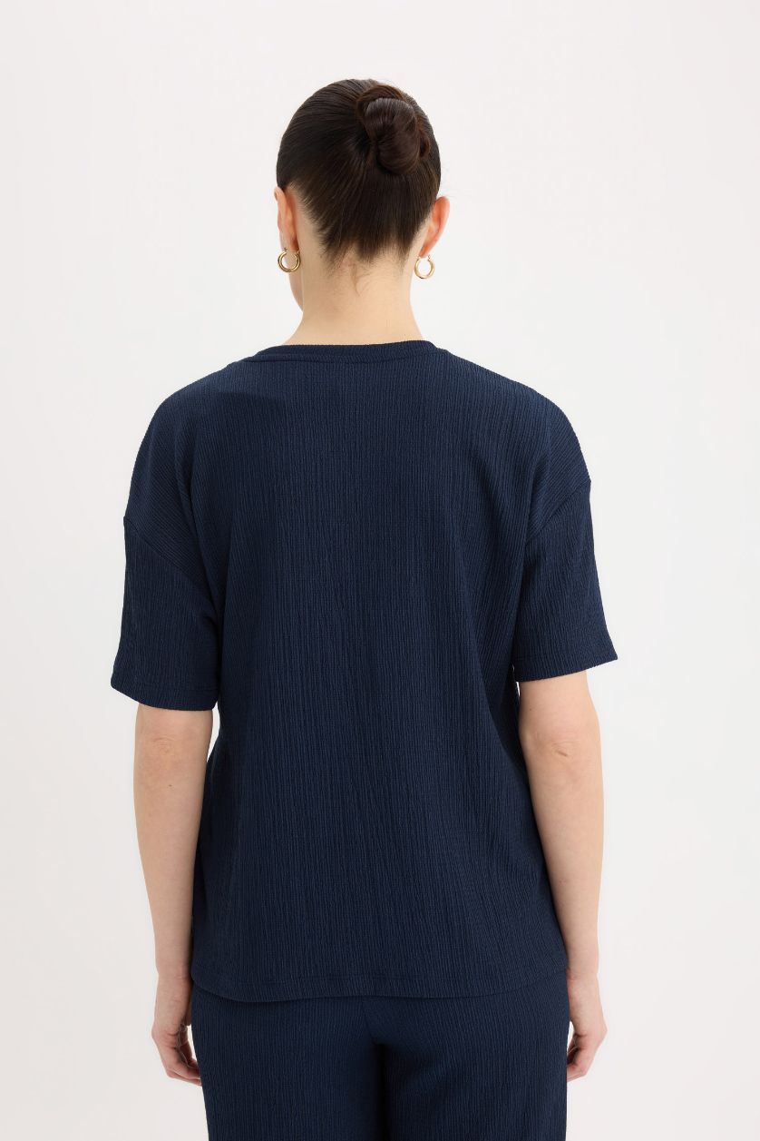 Kadın Lacivert Relax Fit Bisiklet Yaka Basic Düz Bürümcük Kısa Kollu Tişört