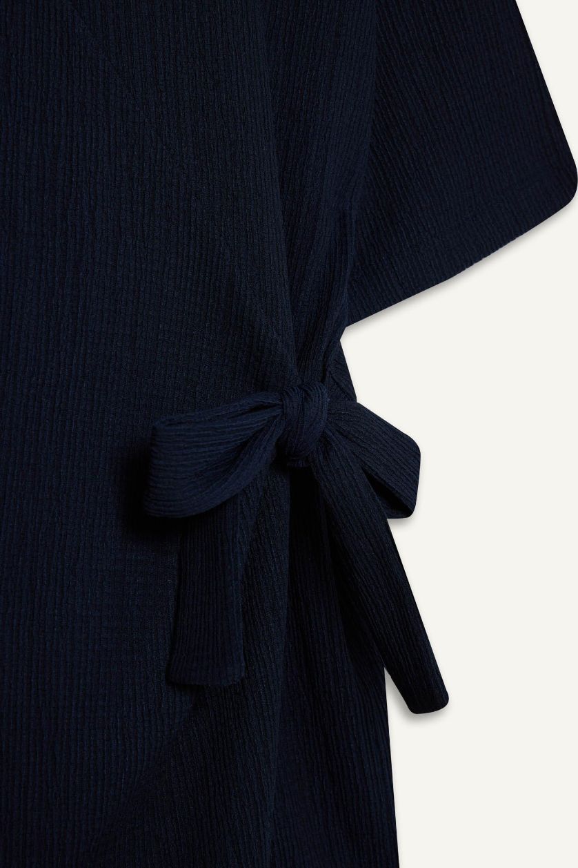 Kadın Lacivert Relax Fit Bisiklet Yaka Basic Düz Bürümcük Kısa Kollu Tişört