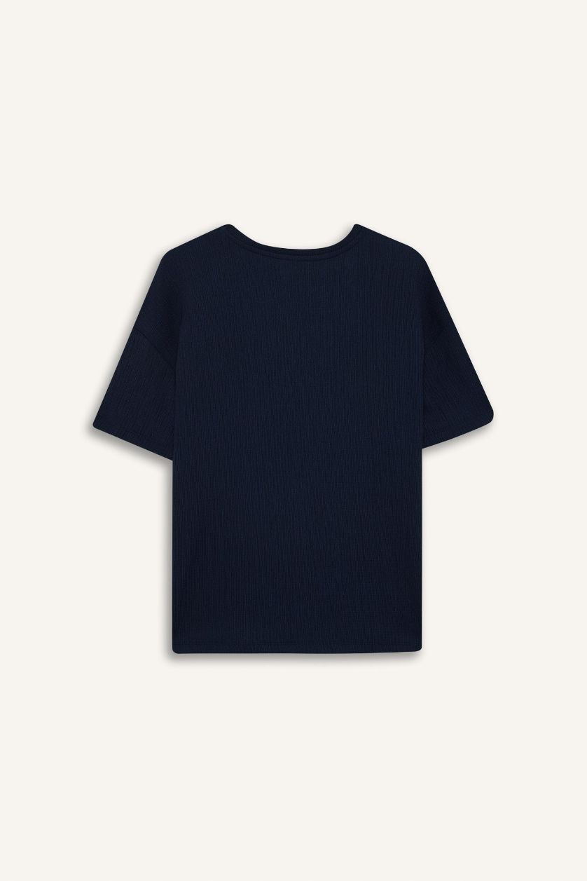 Kadın Lacivert Relax Fit Bisiklet Yaka Basic Düz Bürümcük Kısa Kollu Tişört