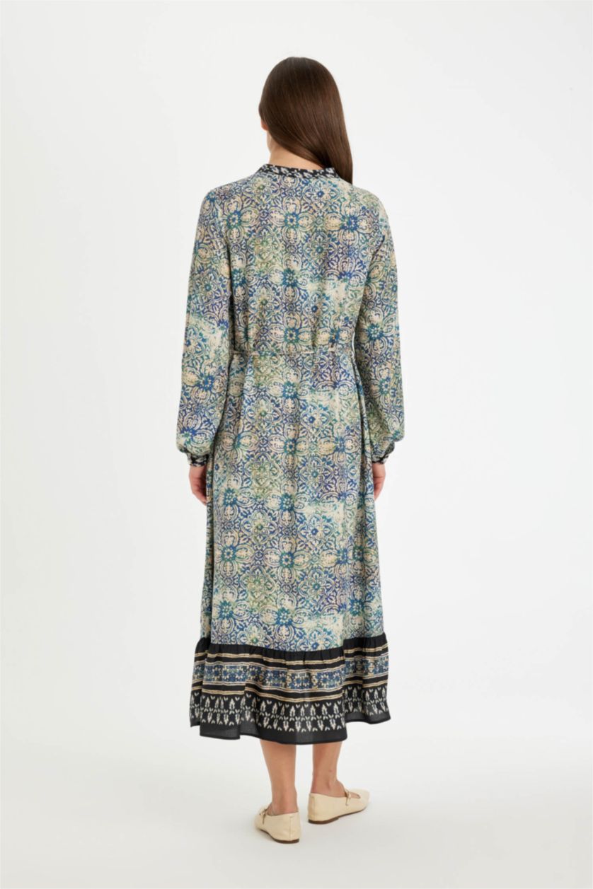 Kadın Lacivert Regular Fit Apaş Yaka Desenli Düğmeli Uzun Kollu Maxi Elbise