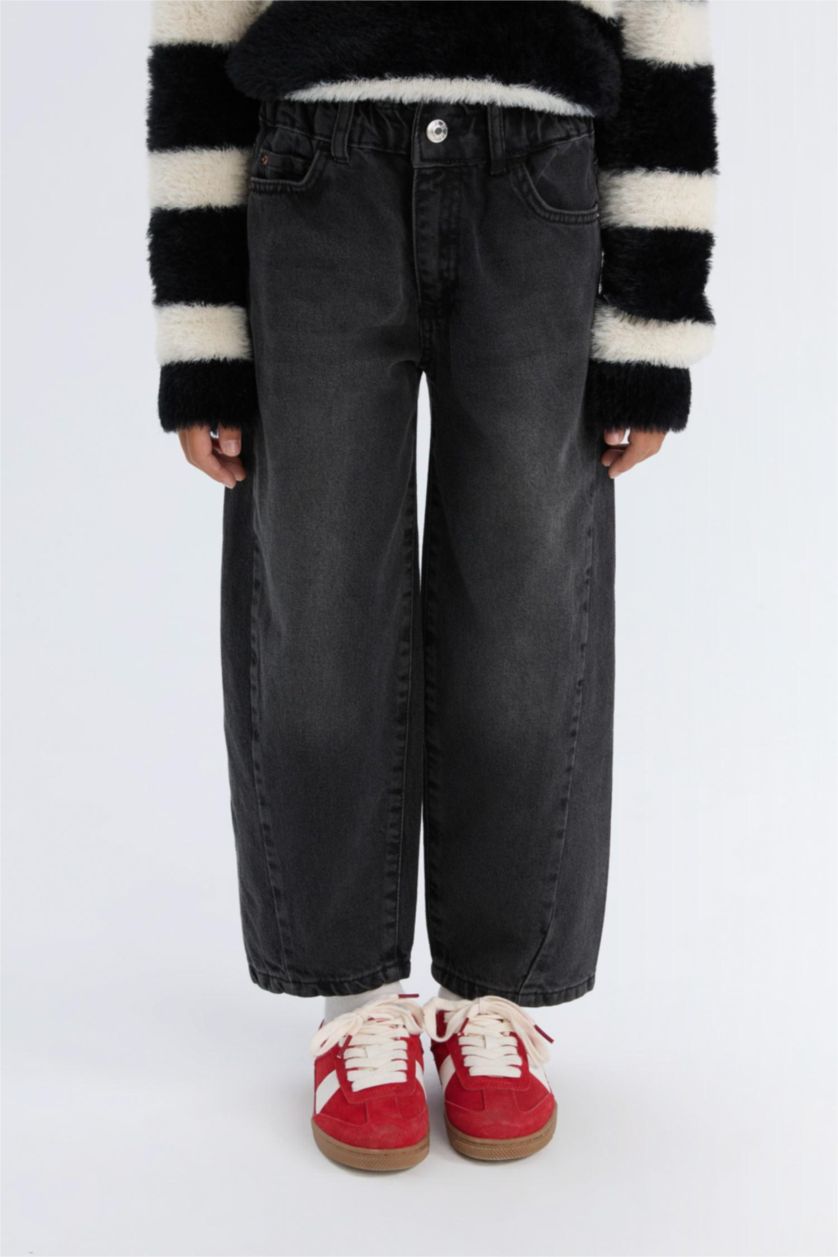 Kız Çocuk - Genç Kız Antrasit Kız Çocuk Barrel Fit Bilek Boy Geniş Bol Paça Jean Pantolon