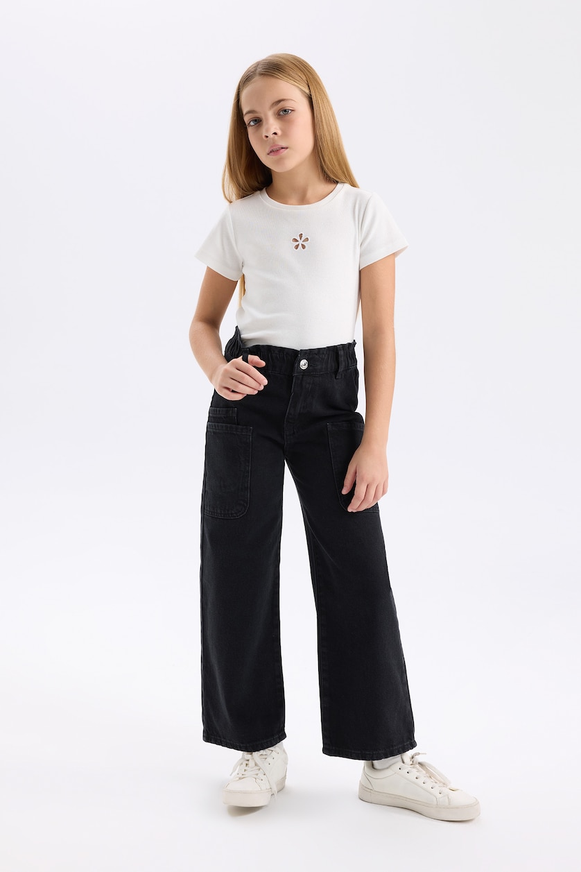 Kız Çocuk - Genç Kız Siyah Kız Çocuk Wide Leg Kargo Geniş Bol Paça Jean Pantolon