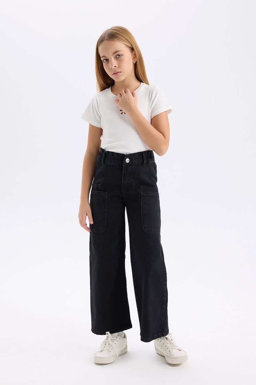 Kız Çocuk - Genç Kız Siyah Kız Çocuk Wide Leg Kargo Geniş Bol Paça Jean Pantolon