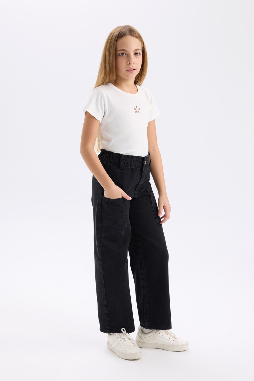 Kız Çocuk - Genç Kız Siyah Kız Çocuk Wide Leg Kargo Geniş Bol Paça Jean Pantolon