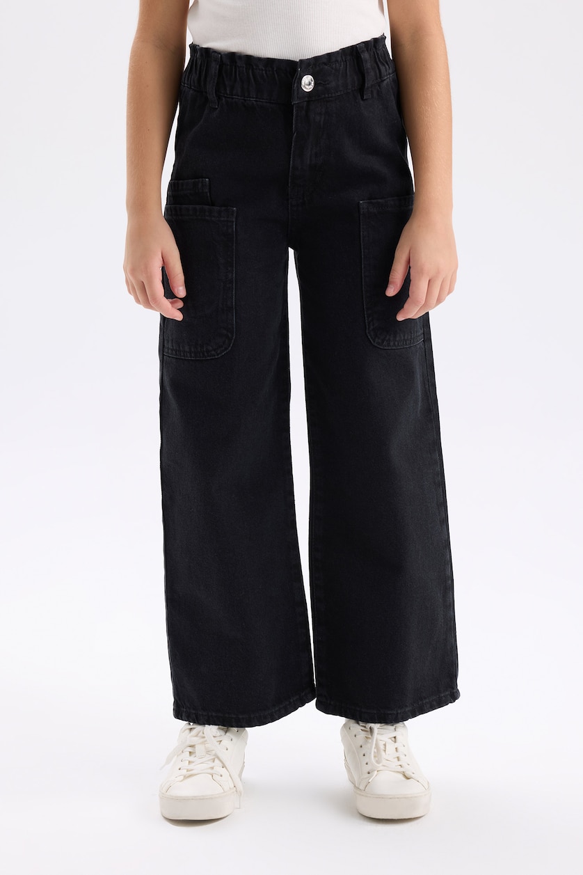 Kız Çocuk - Genç Kız Siyah Kız Çocuk Wide Leg Kargo Geniş Bol Paça Jean Pantolon