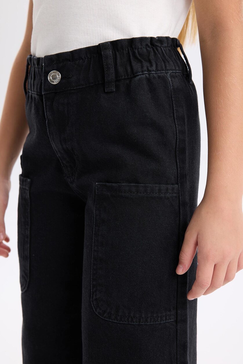 Kız Çocuk - Genç Kız Siyah Kız Çocuk Wide Leg Kargo Geniş Bol Paça Jean Pantolon