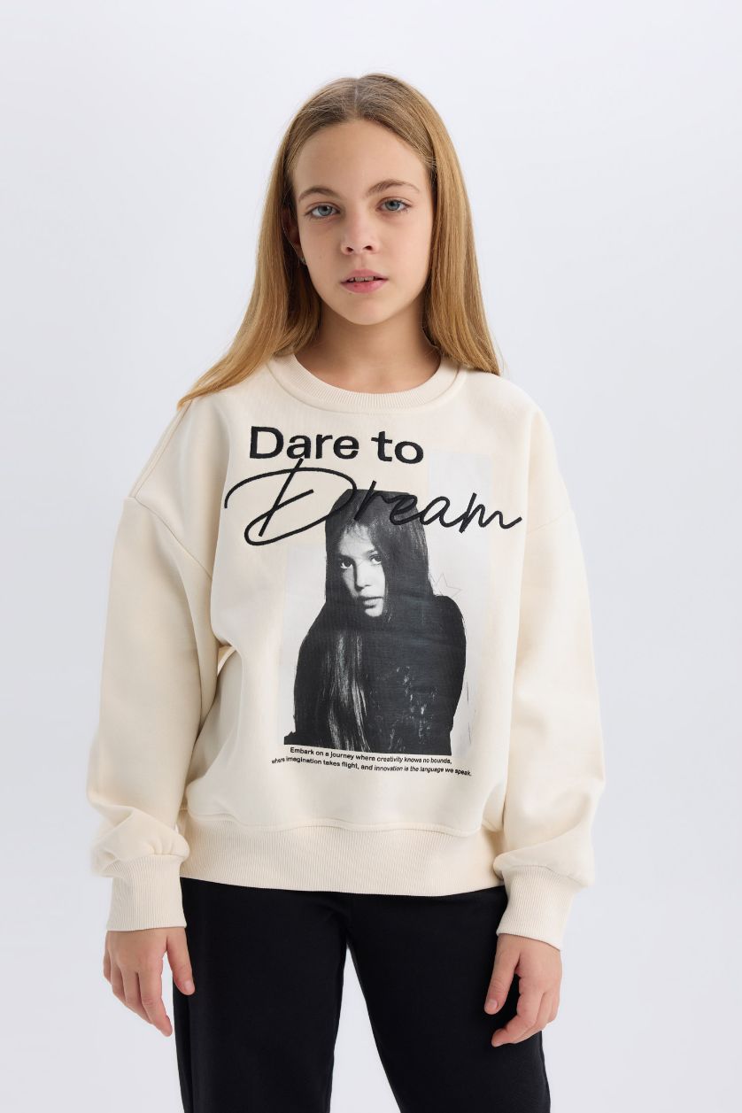 GIRLS & TEENS Ecru Girl Oversize Crew Neck Printed Sweatshirt