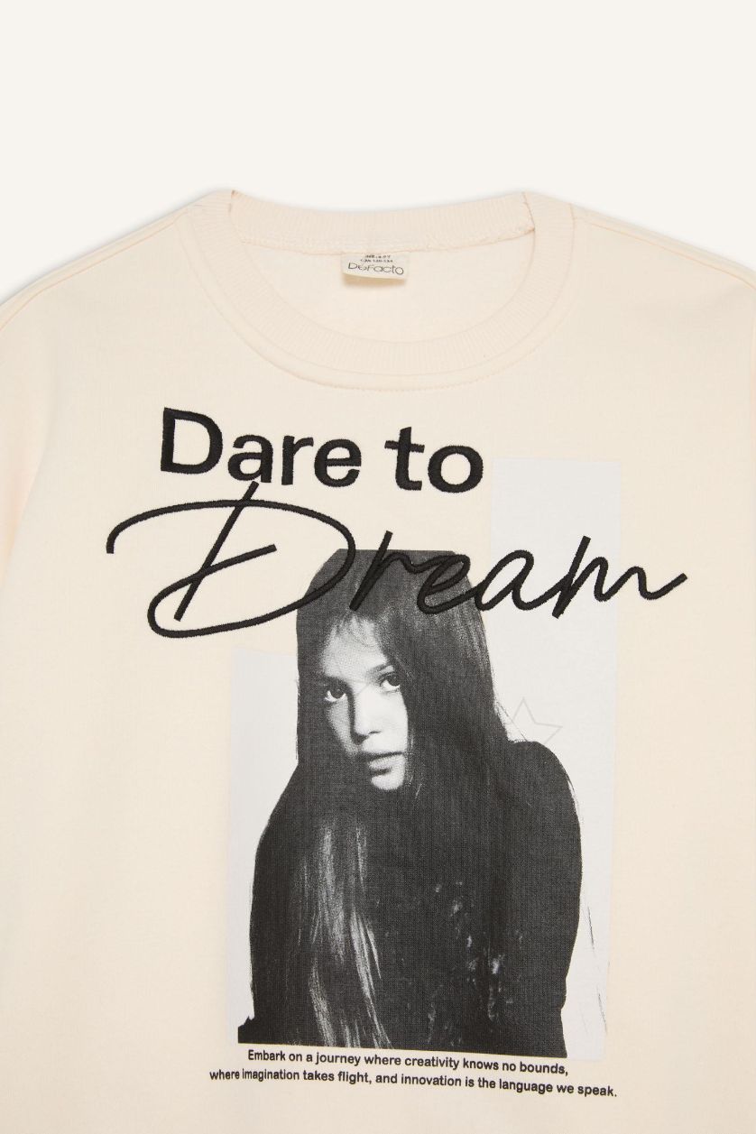 GIRLS & TEENS Ecru Girl Oversize Crew Neck Printed Sweatshirt