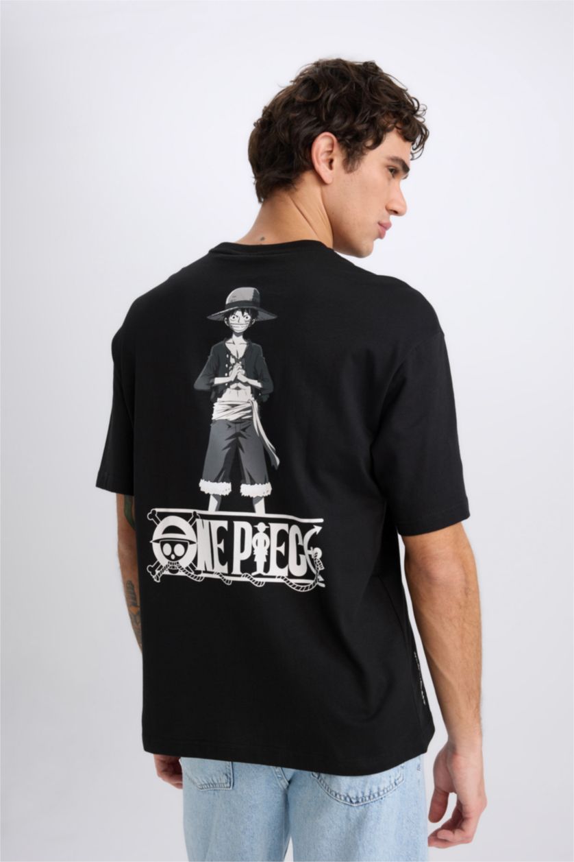 Erkek Siyah %100 Pamuk One Piece Boxy Fit Bisiklet Yaka Sırt Baskılı Kısa Kollu Tişört