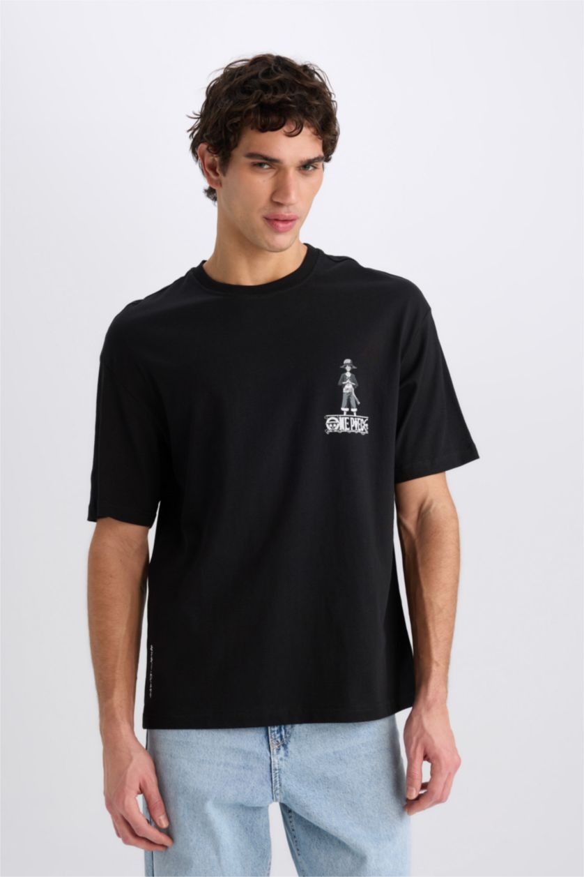 Erkek Siyah %100 Pamuk One Piece Boxy Fit Bisiklet Yaka Sırt Baskılı Kısa Kollu Tişört