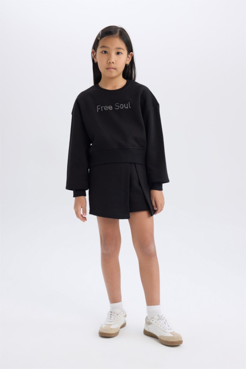 FILLES Noir Ensemble Sweatshirt à manches longues imprimé et jupe-short