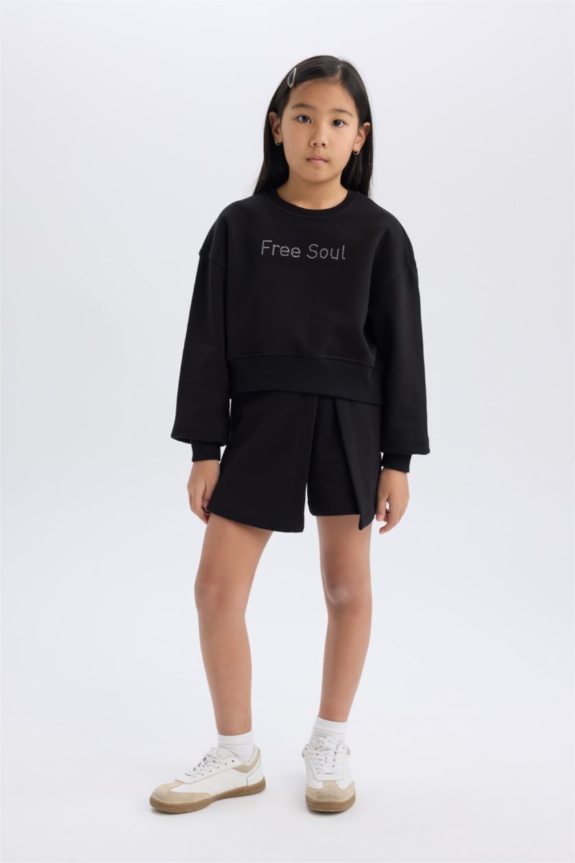 FILLES Noir Ensemble Sweatshirt à manches longues imprimé et jupe-short