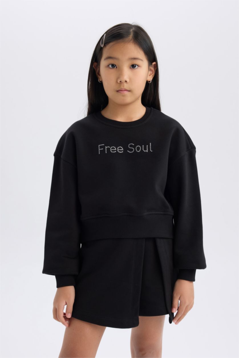 FILLES Noir Ensemble Sweatshirt à manches longues imprimé et jupe-short