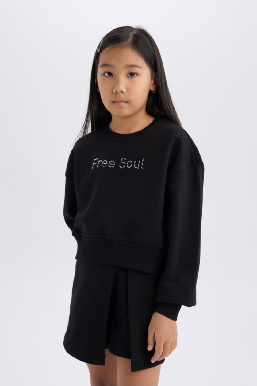 FILLES Noir Ensemble Sweatshirt à manches longues imprimé et jupe-short