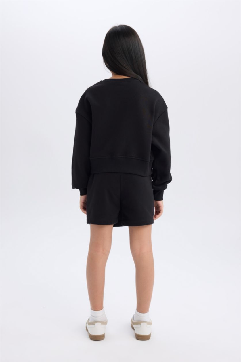 FILLES Noir Ensemble Sweatshirt à manches longues imprimé et jupe-short