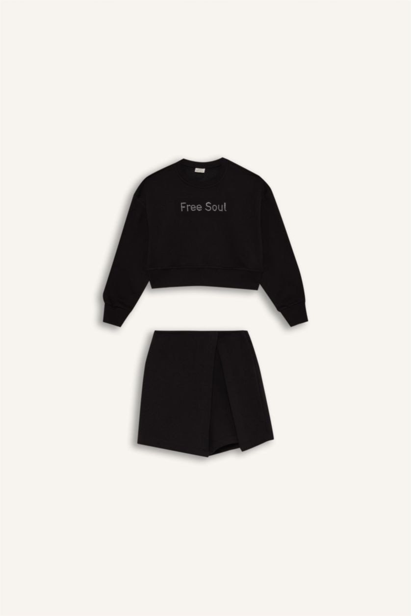 FILLES Noir Ensemble Sweatshirt à manches longues imprimé et jupe-short