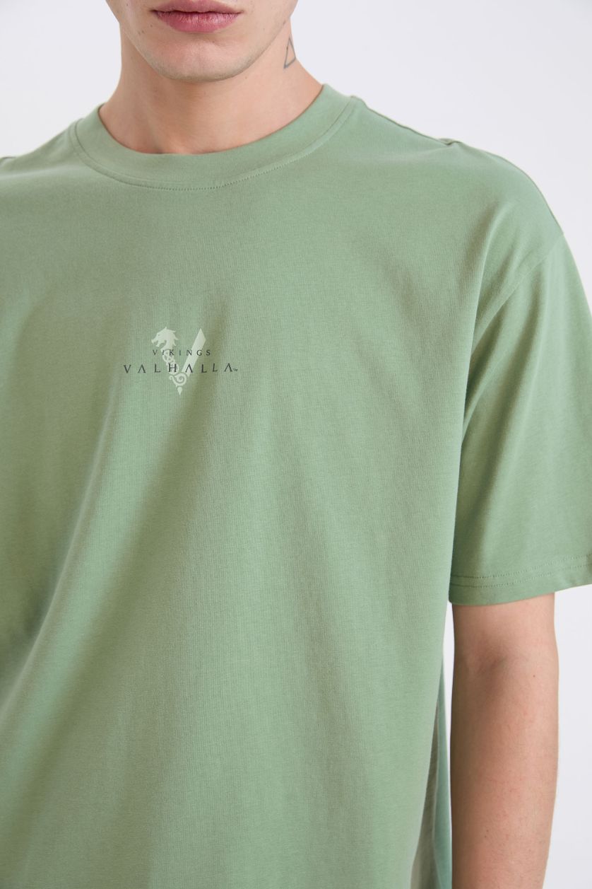 رجالي أخضر فاتح تيشيرت قطن أوفر سايز مطبوع برقبة مستديرة من فايكنج فالهالا