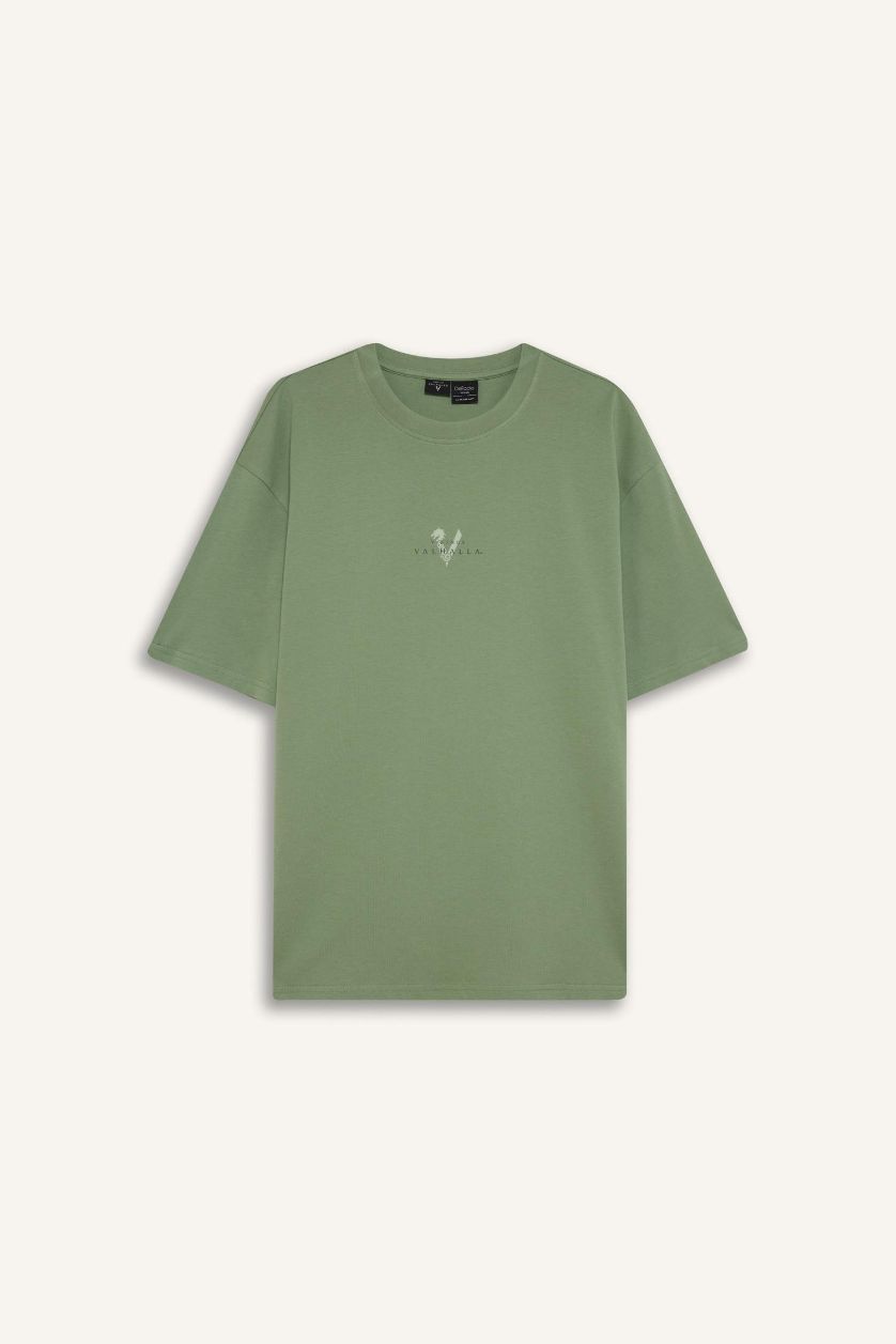 رجالي أخضر فاتح تيشيرت قطن أوفر سايز مطبوع برقبة مستديرة من فايكنج فالهالا