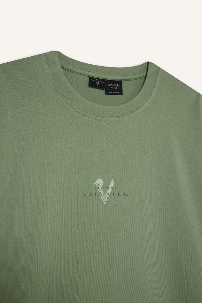 رجالي أخضر فاتح تيشيرت قطن أوفر سايز مطبوع برقبة مستديرة من فايكنج فالهالا