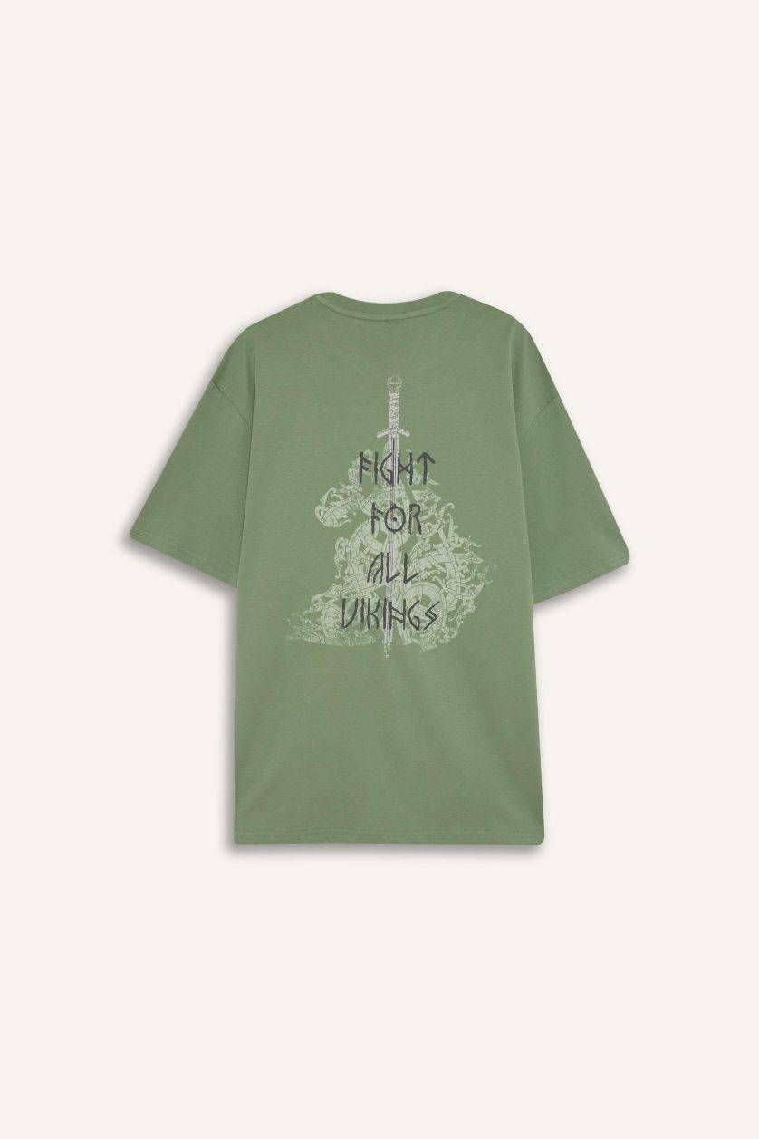 رجالي أخضر فاتح تيشيرت قطن أوفر سايز مطبوع برقبة مستديرة من فايكنج فالهالا