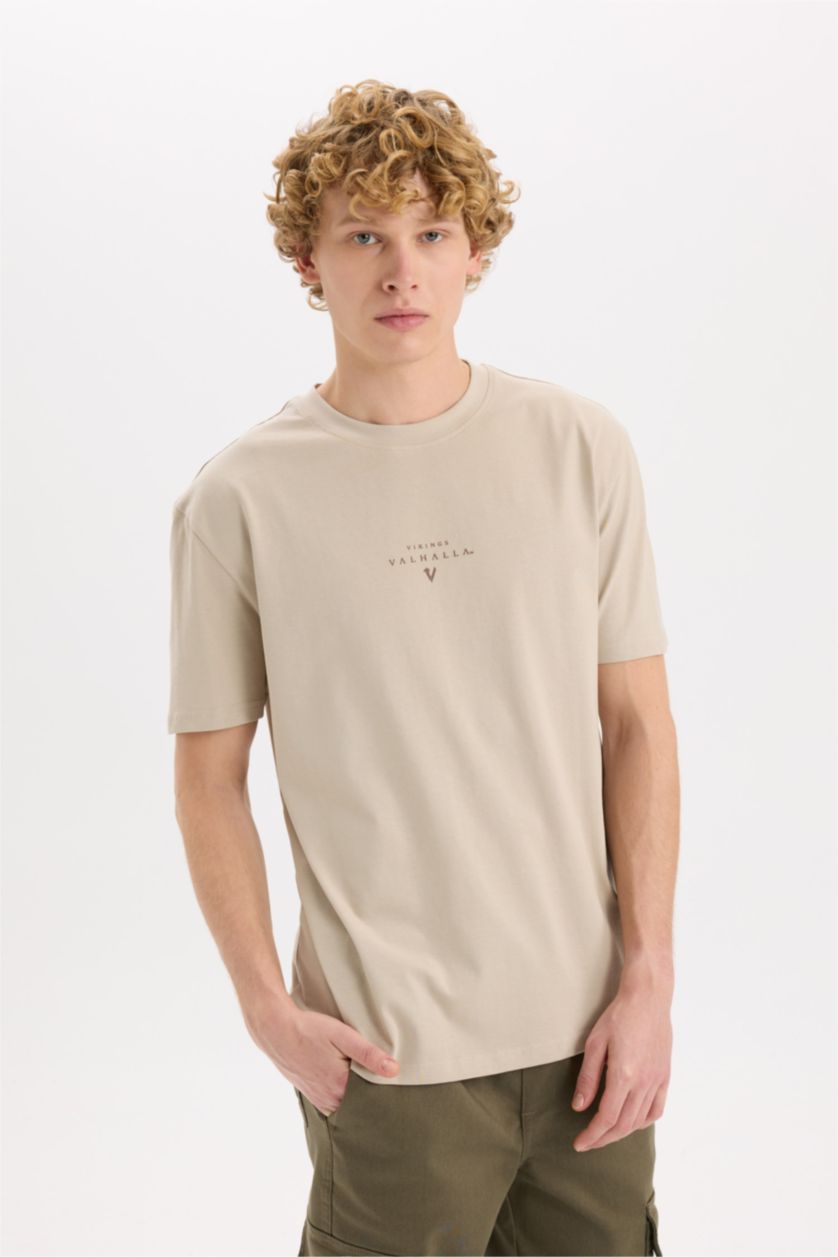 رجالي بيج تيشيرت قطن أوفر سايز مطبوع برقبة مستديرة من فايكنج فالهالا