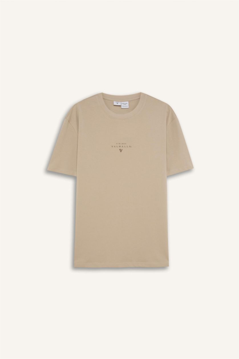 رجالي بيج تيشيرت قطن أوفر سايز مطبوع برقبة مستديرة من فايكنج فالهالا