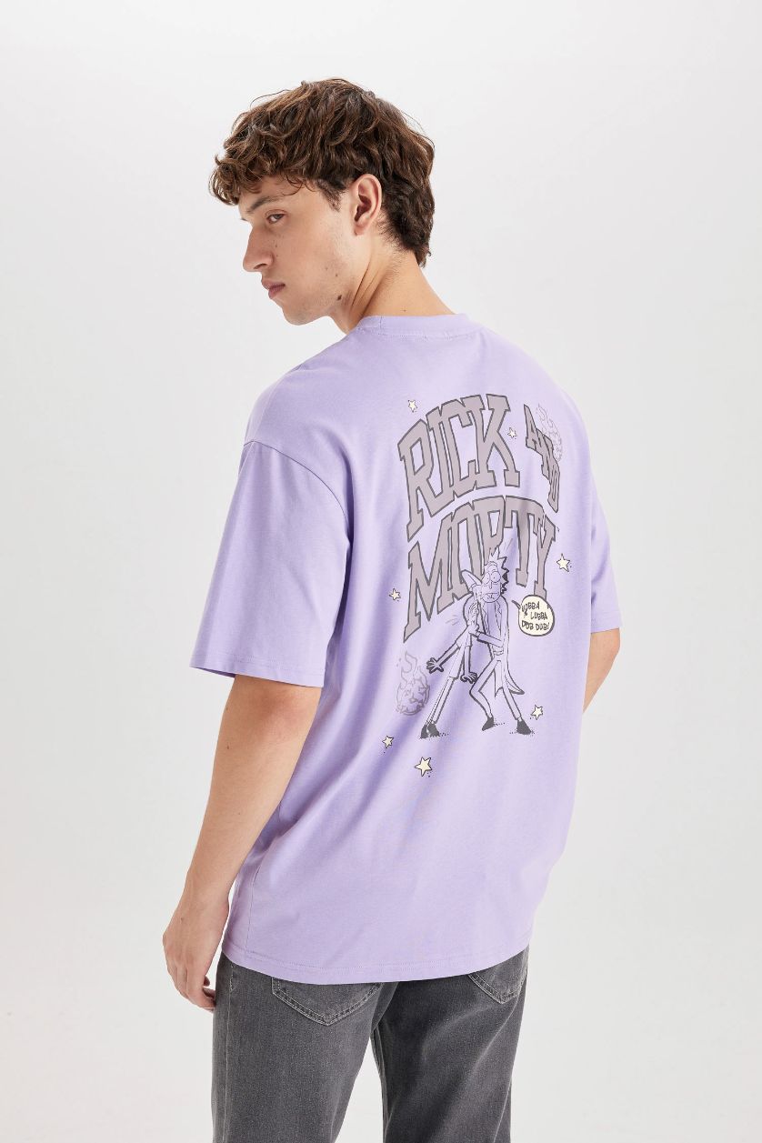 رجالي أرجواني تيشيرت قطن اوفر سايز مطبوع برقبة مستديرة من ريك ومورتي