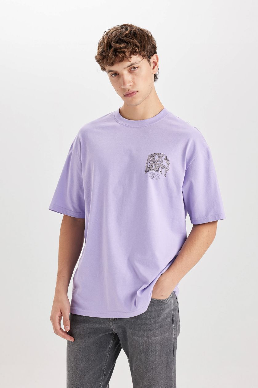 رجالي أرجواني تيشيرت قطن اوفر سايز مطبوع برقبة مستديرة من ريك ومورتي