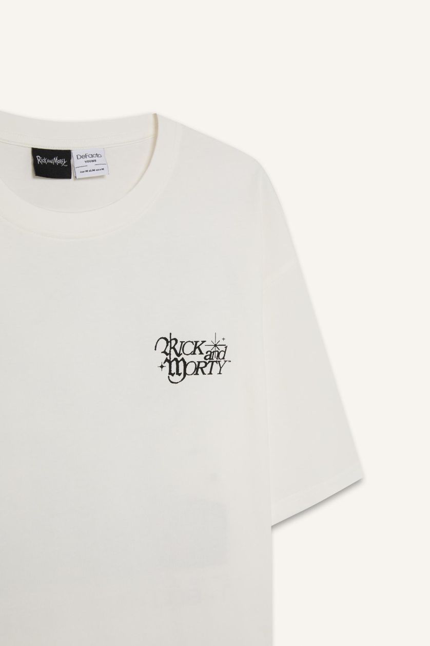 Erkek Ekru %100 Pamuk Rick and Morty Boxy Fit Bisiklet Yaka Sırt Baskılı Kısa Kollu Tişört