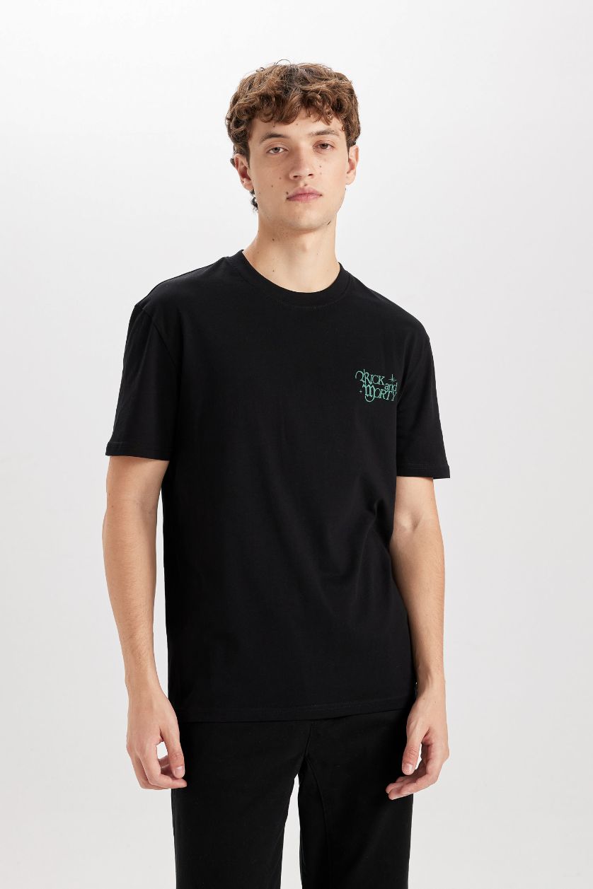 MAN Black Regular Fit Crew Neck Rick and Morty Printed T-Shirt
