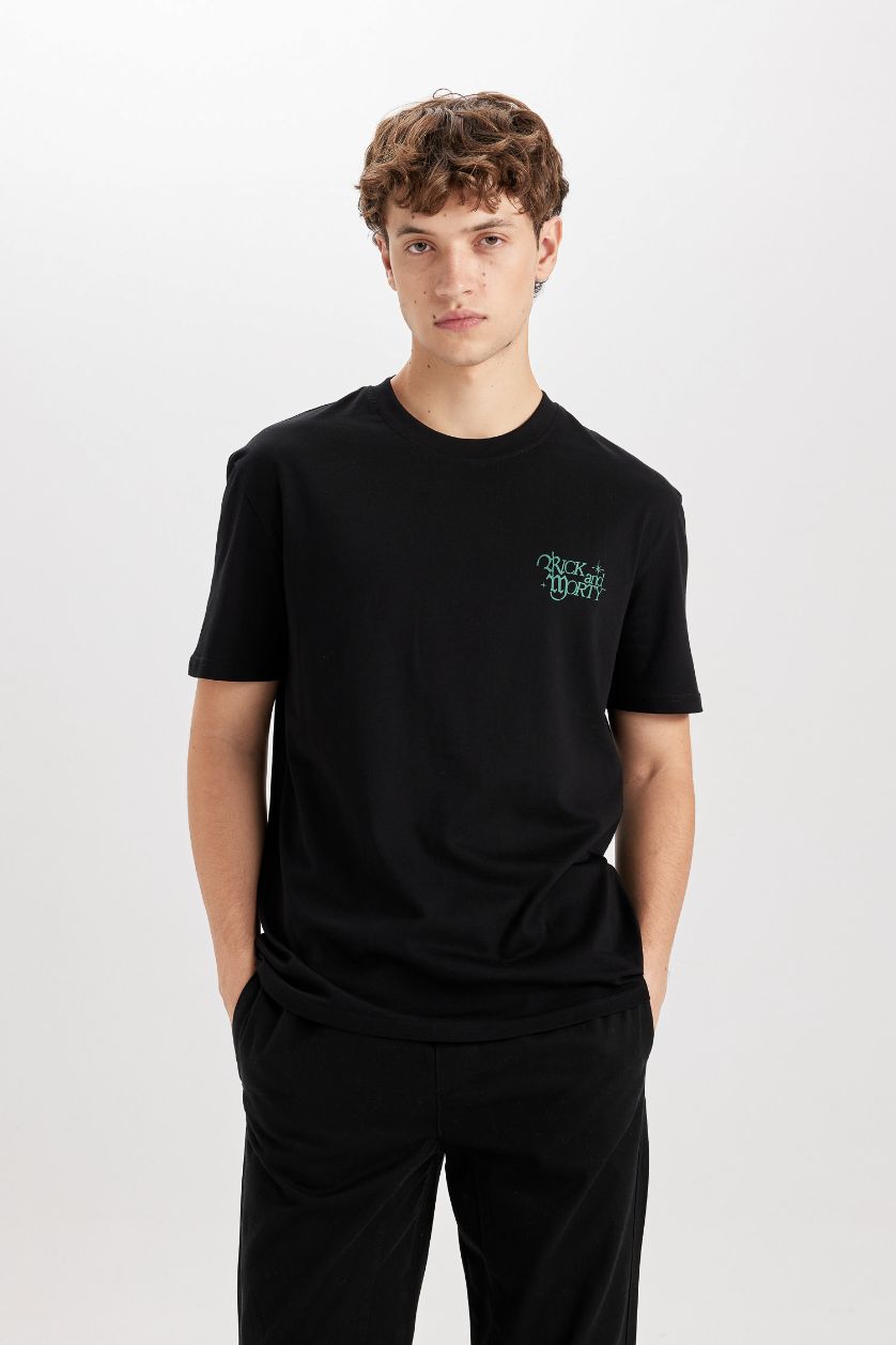 MAN Black Regular Fit Crew Neck Rick and Morty Printed T-Shirt