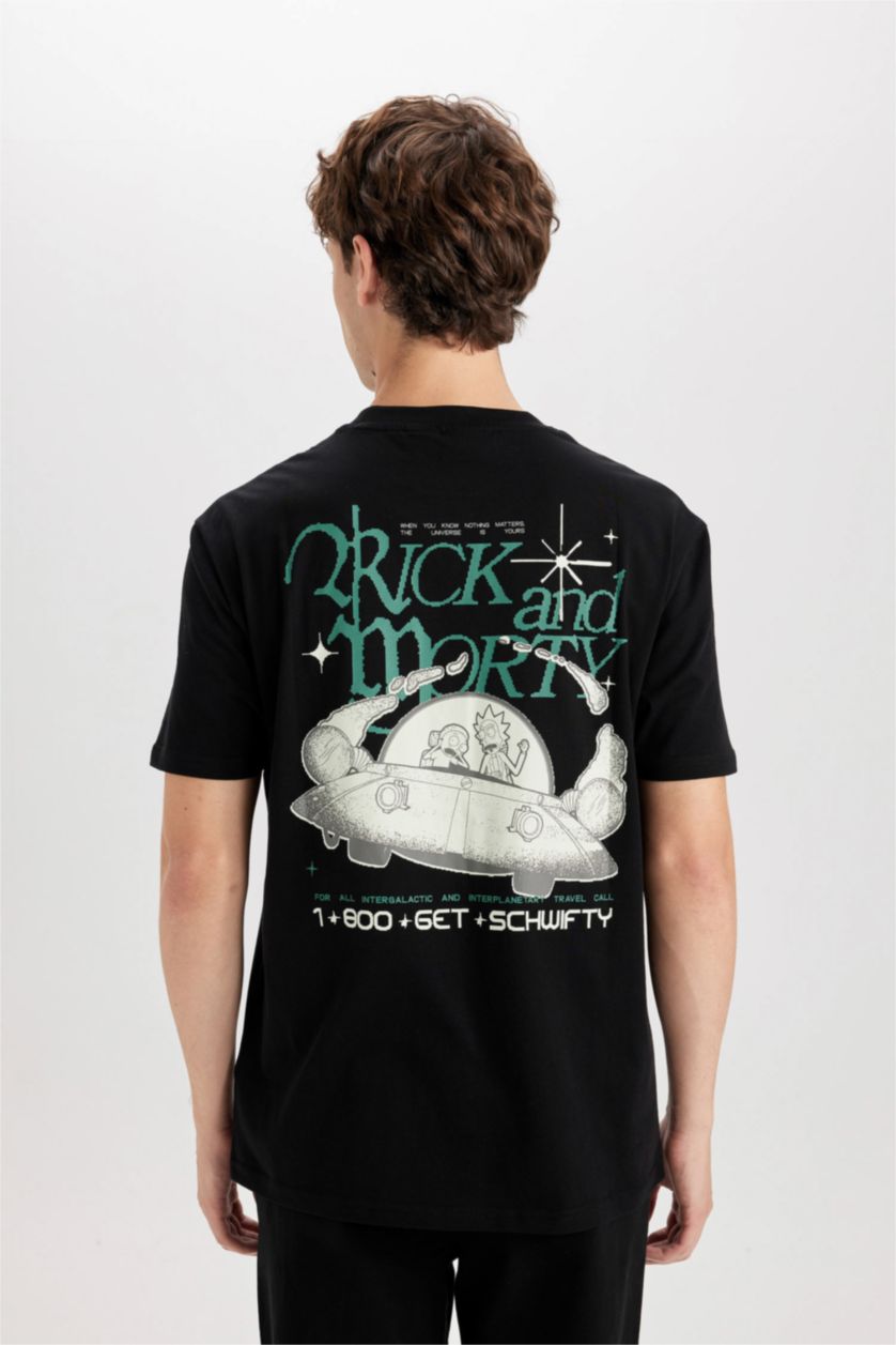 MAN Black Regular Fit Crew Neck Rick and Morty Printed T-Shirt