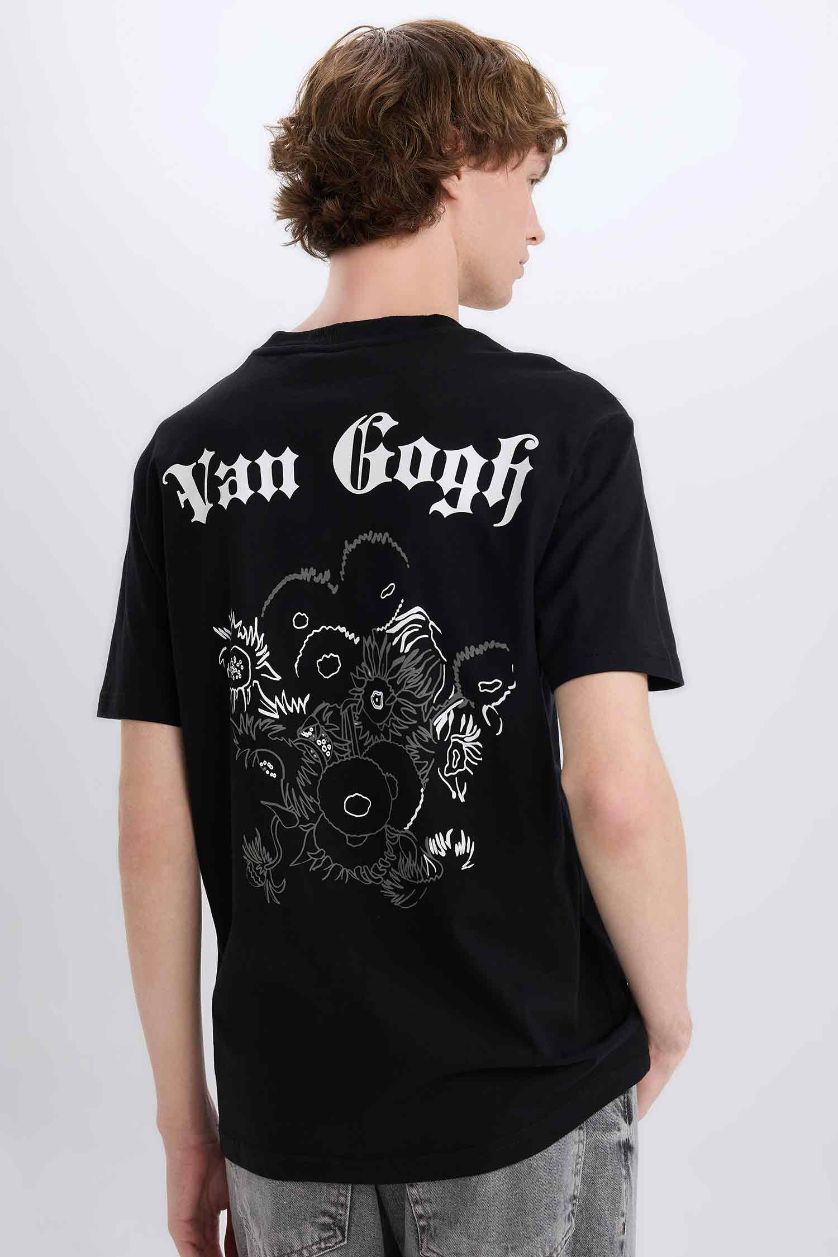 Man Black Regular Fit Van Gogh Licensed Crew Neck Printed Short Sleeve T-Shirt