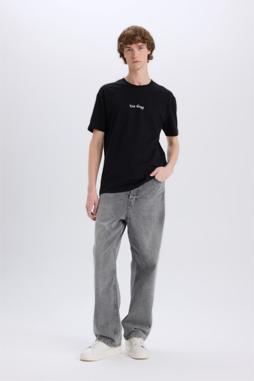 Man Black Regular Fit Van Gogh Licensed Crew Neck Printed Short Sleeve T-Shirt