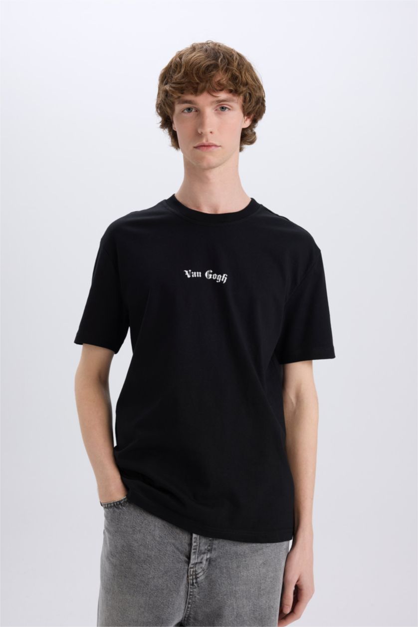 Man Black Regular Fit Van Gogh Licensed Crew Neck Printed Short Sleeve T-Shirt