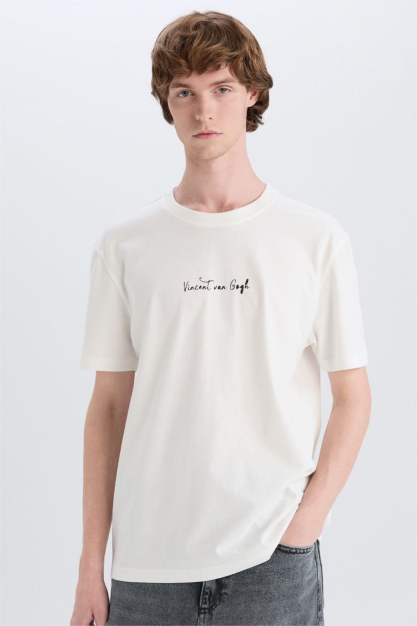 Man Ecru Van Gogh Regular Fit Crew Neck Back Printed T-Shirt