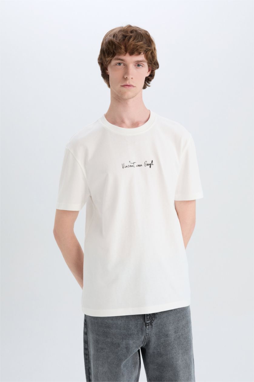 Man Ecru Van Gogh Regular Fit Crew Neck Back Printed T-Shirt