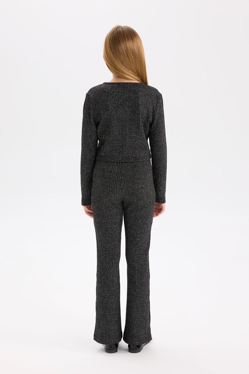 بناتي أسود طقم بناتي سليم فيت قماش لامع بلوزة وليجن - قطعتين