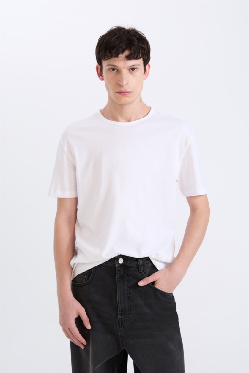 رجالي أبيض تيشيرت نص كم تقيل قصة عادية برقبة مستديرة