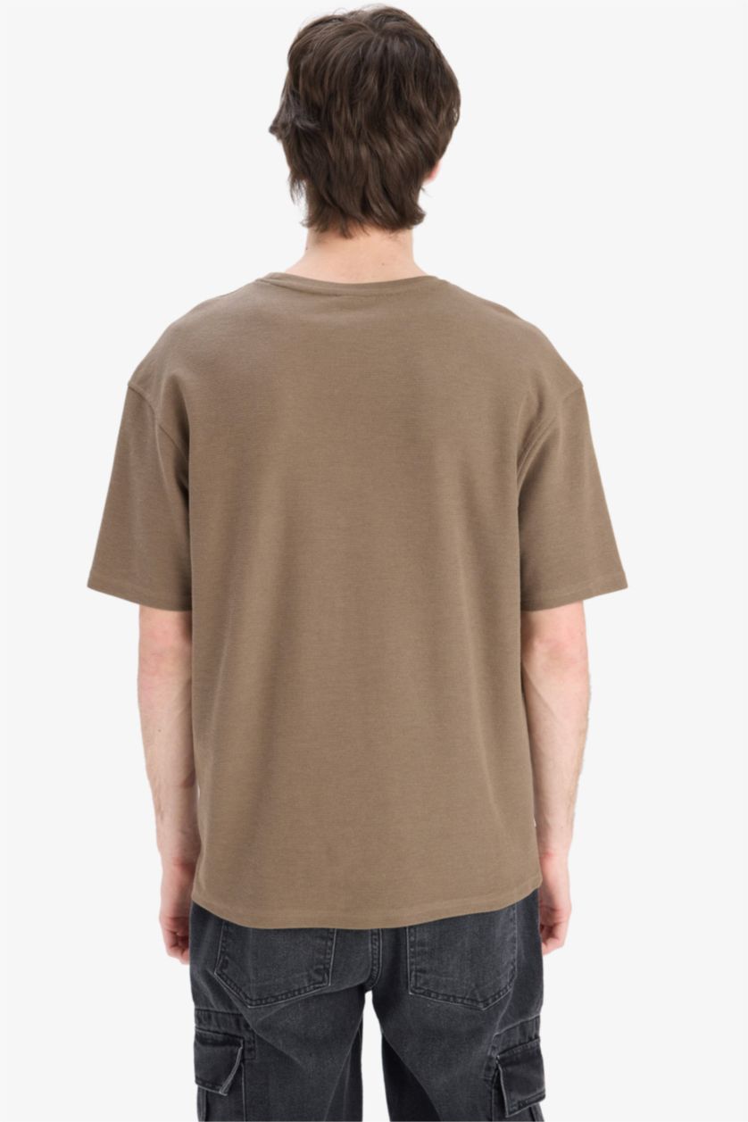 Erkek Haki Boxy Fıt Bisiklet Yaka Kısa Kollu Tişört